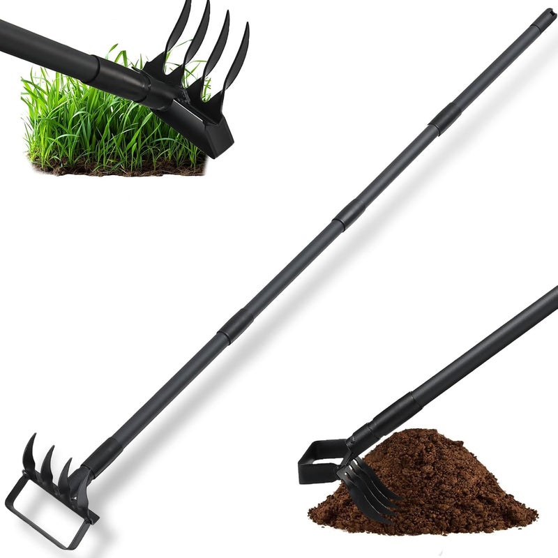 ABtool 2 in 1 Weeding Tools Gardening Weed Puller with Long Handle,Stirrup Hula Garden Hoe with 4 Tines Rake,Garden Tiller Cultivator with 62.6" Adjustable Handle for Weeding,Seeding,Ditching,Loosening - Image 1